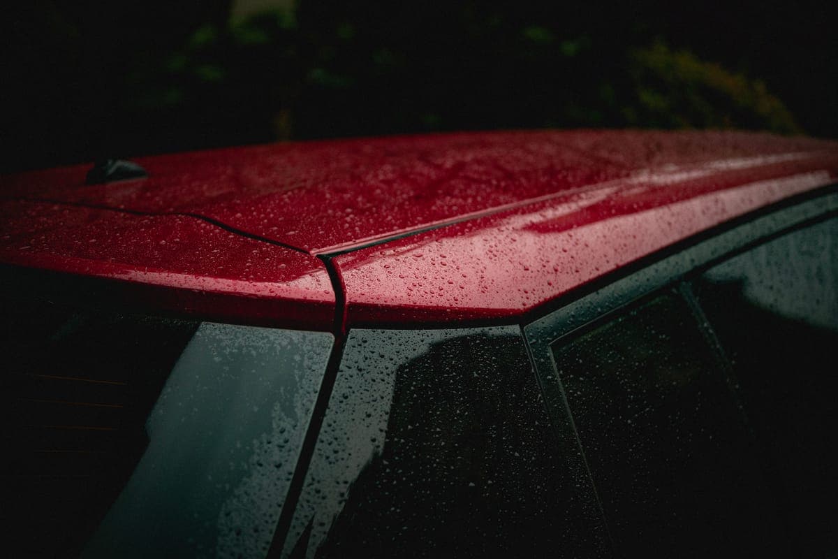 Tight water beads standing on a freshly coated silver car panel in daylight