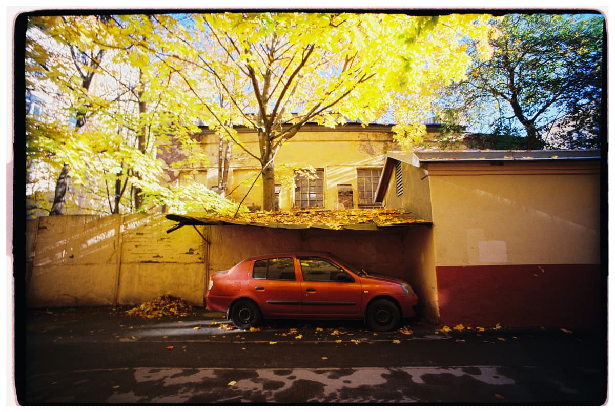A red car parked under a tree in full autumn leaf
